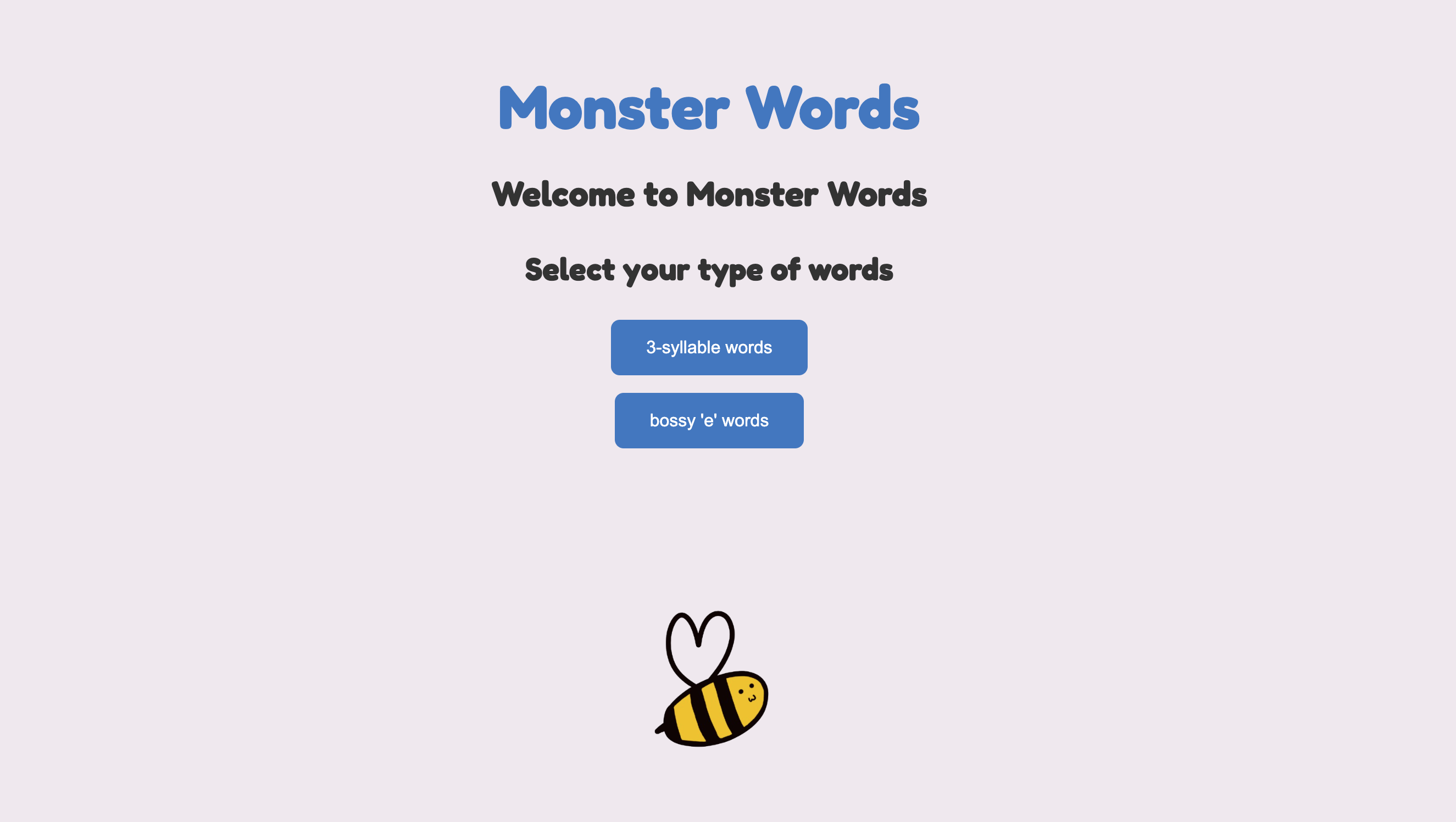 pink screen with selections of types of words
